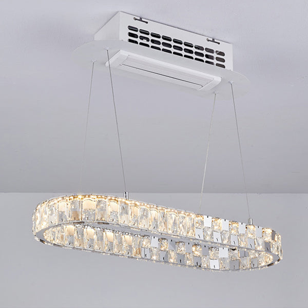 Lustre moderne de luxe en acier inoxydable acrylique cristal elliptique LED avec ventilateur de plafond pour salle à manger 