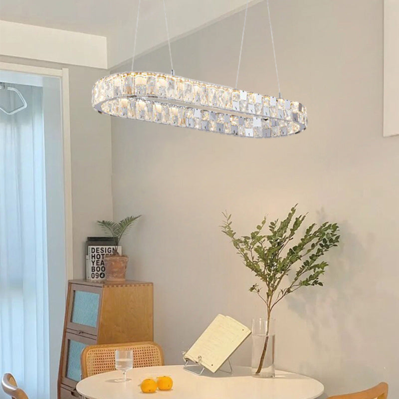 Lustre moderne de luxe en acier inoxydable acrylique cristal elliptique LED avec ventilateur de plafond pour salle à manger 