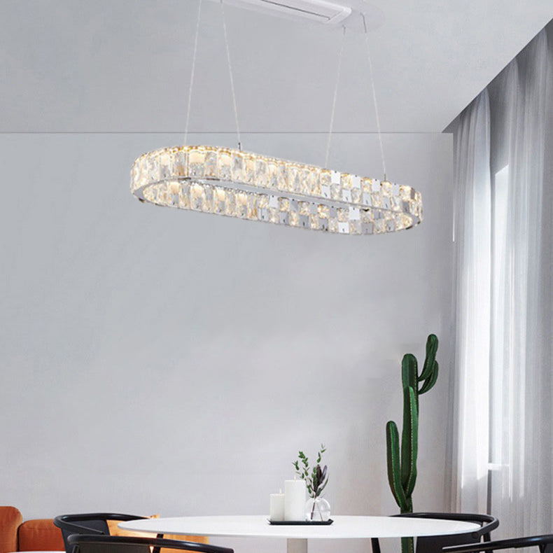 Lustre moderne de luxe en acier inoxydable acrylique cristal elliptique LED avec ventilateur de plafond pour salle à manger 