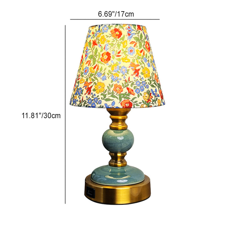 Traditionelle französische Stoff-Keramiklegierung Zylinder Blume Crackle Säule 1-Licht Tischlampe für das Nachttisch 