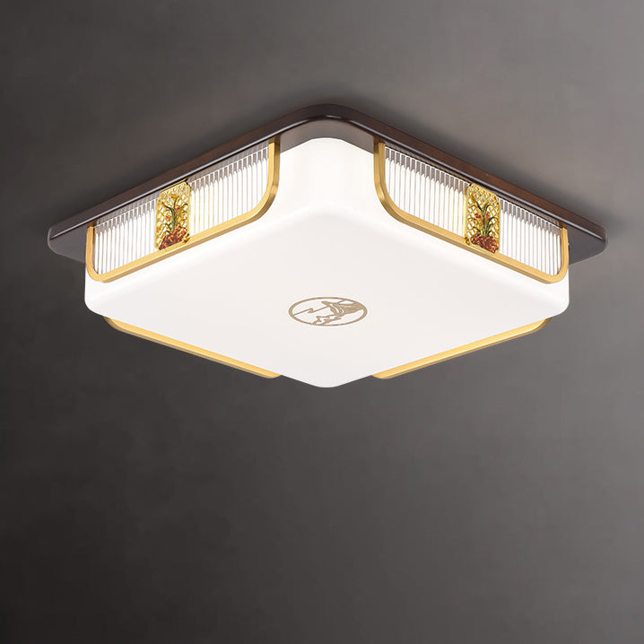 Lumière de plafond encastrée LED Cymbidium rectangulaire carrée ronde en acier inoxydable en bois de santal chinois traditionnel pour salon 