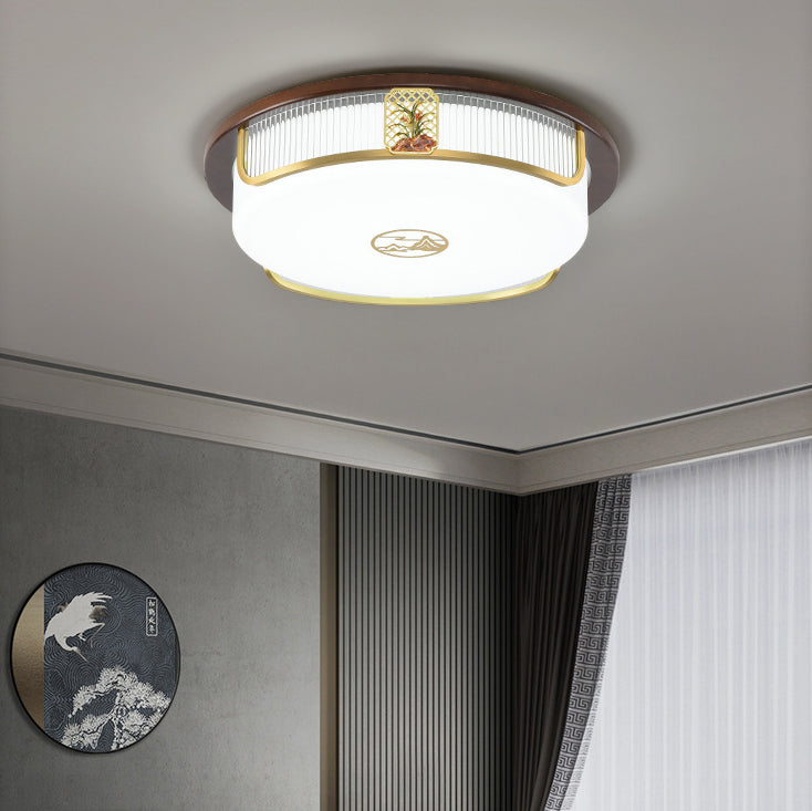Lumière de plafond encastrée LED Cymbidium rectangulaire carrée ronde en acier inoxydable en bois de santal chinois traditionnel pour salon 