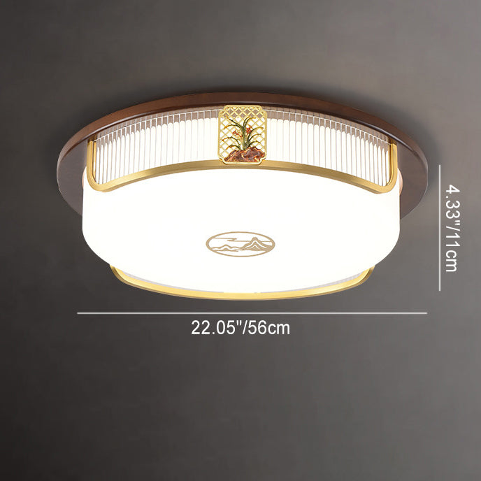 Lumière de plafond encastrée LED Cymbidium rectangulaire carrée ronde en acier inoxydable en bois de santal chinois traditionnel pour salon 