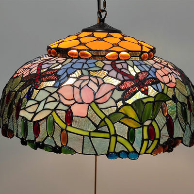 Traditional Tiffany Glass Metal Flower Leaf Beads Hat 2-Light Pendant Light For Bedroom
