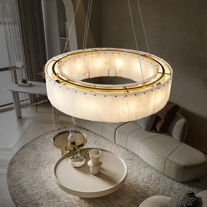 Lampes suspendues contemporaines en marbre nordique et cuivre rond à 8/12/14 lumières pour salon 