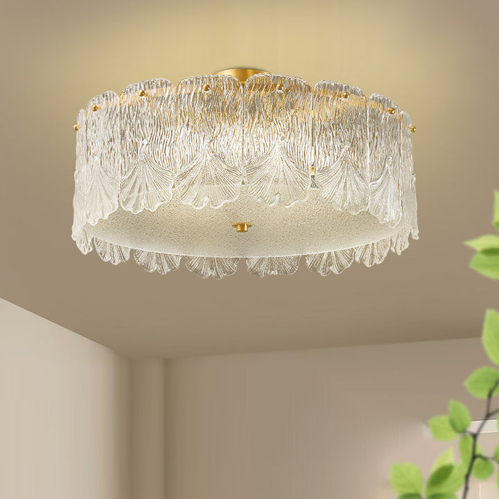 Traditionelle französische Messing-Glas-Runde Ahornblatt 4/5 Licht Halbeinbau-Deckenleuchte für Schlafzimmer 