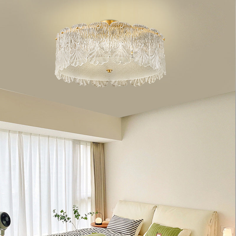Traditionelle französische Messing-Glas-Runde Ahornblatt 4/5 Licht Halbeinbau-Deckenleuchte für Schlafzimmer 