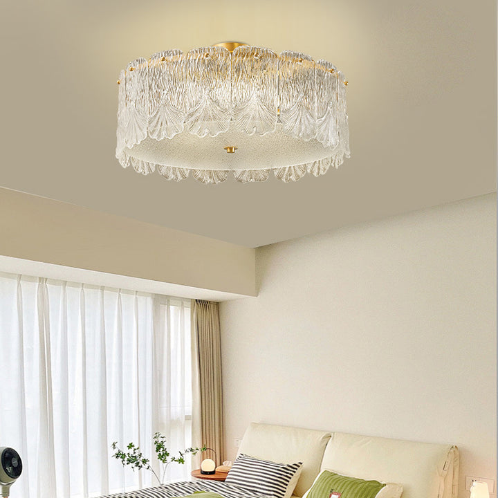 Traditionelle französische Messing-Glas-Runde Ahornblatt 4/5 Licht Halbeinbau-Deckenleuchte für Schlafzimmer 