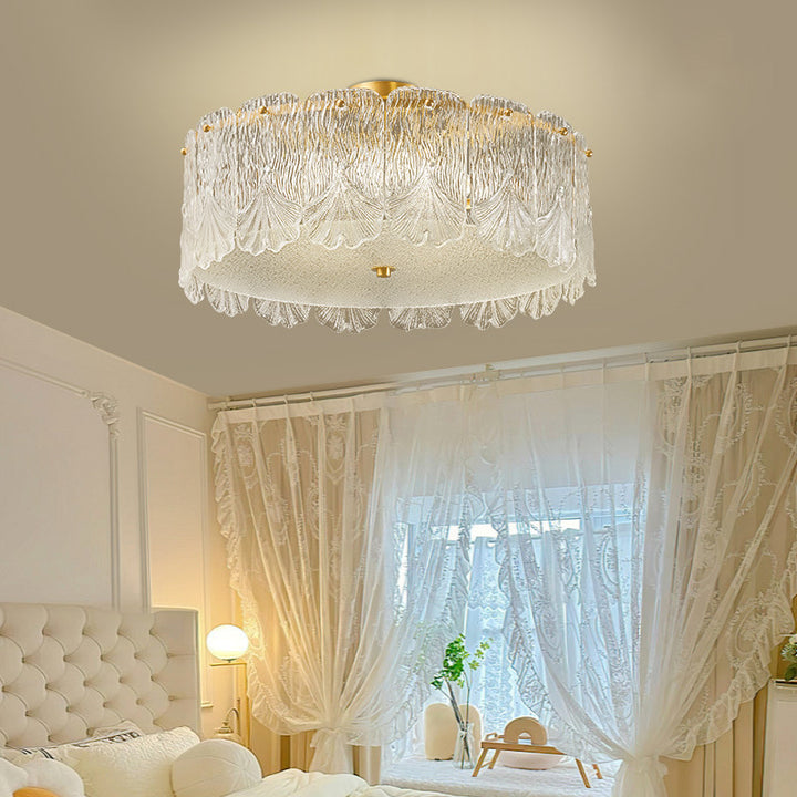 Traditionelle französische Messing-Glas-Runde Ahornblatt 4/5 Licht Halbeinbau-Deckenleuchte für Schlafzimmer 
