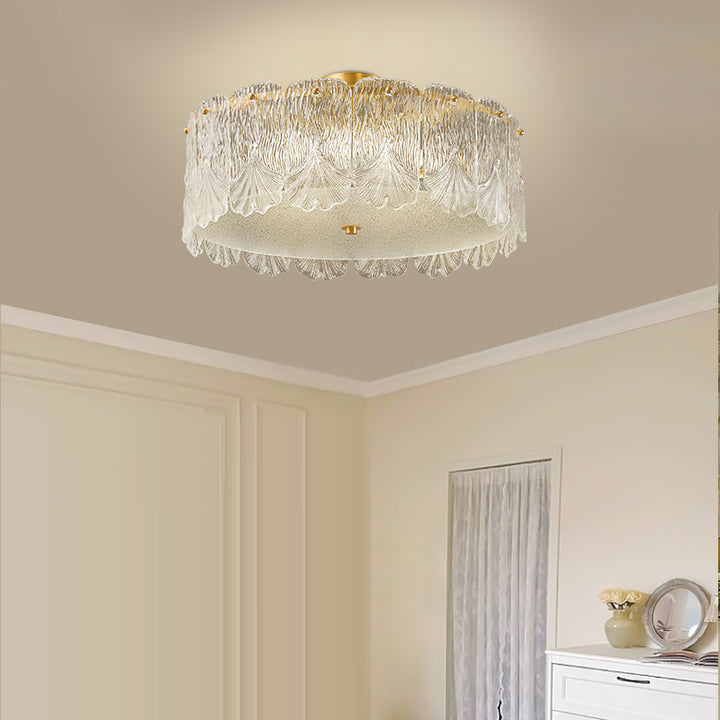Traditionelle französische Messing-Glas-Runde Ahornblatt 4/5 Licht Halbeinbau-Deckenleuchte für Schlafzimmer 