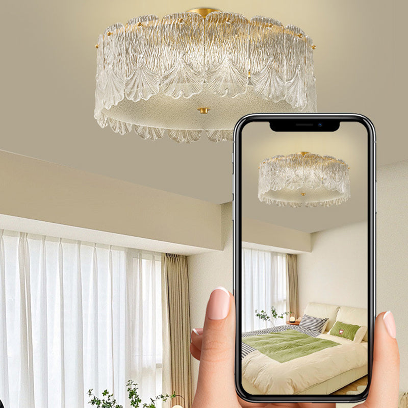 Traditionelle französische Messing-Glas-Runde Ahornblatt 4/5 Licht Halbeinbau-Deckenleuchte für Schlafzimmer 