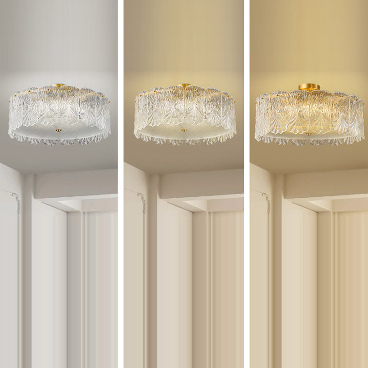 Traditionelle französische Messing-Glas-Runde Ahornblatt 4/5 Licht Halbeinbau-Deckenleuchte für Schlafzimmer 