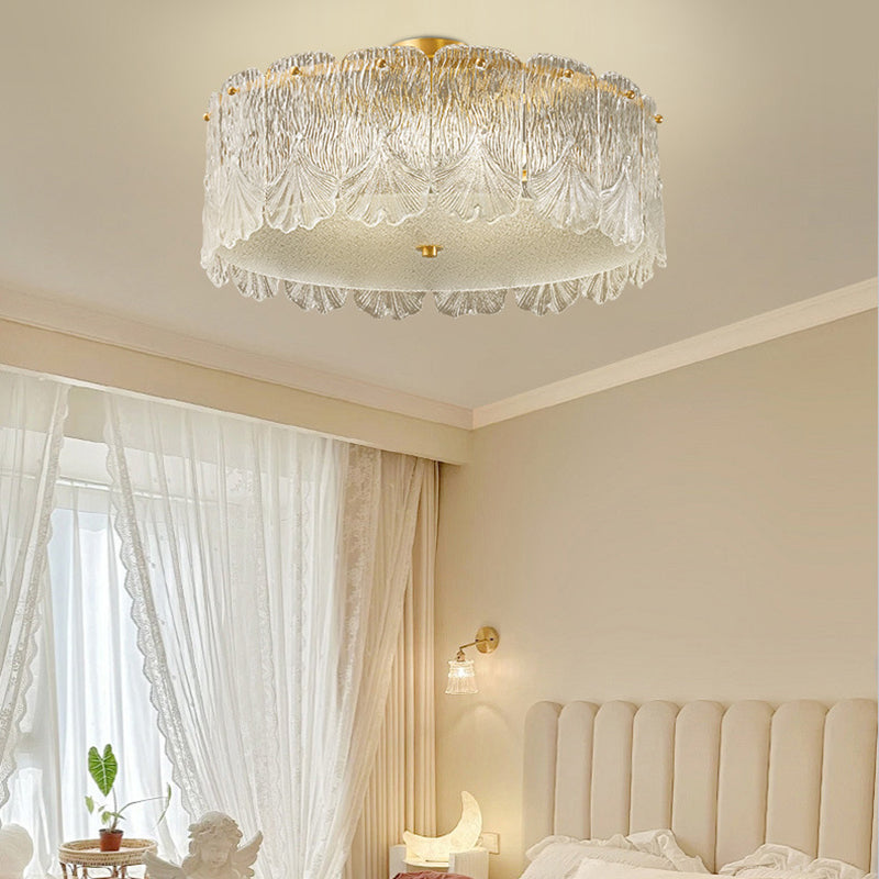 Traditionelle französische Messing-Glas-Runde Ahornblatt 4/5 Licht Halbeinbau-Deckenleuchte für Schlafzimmer 
