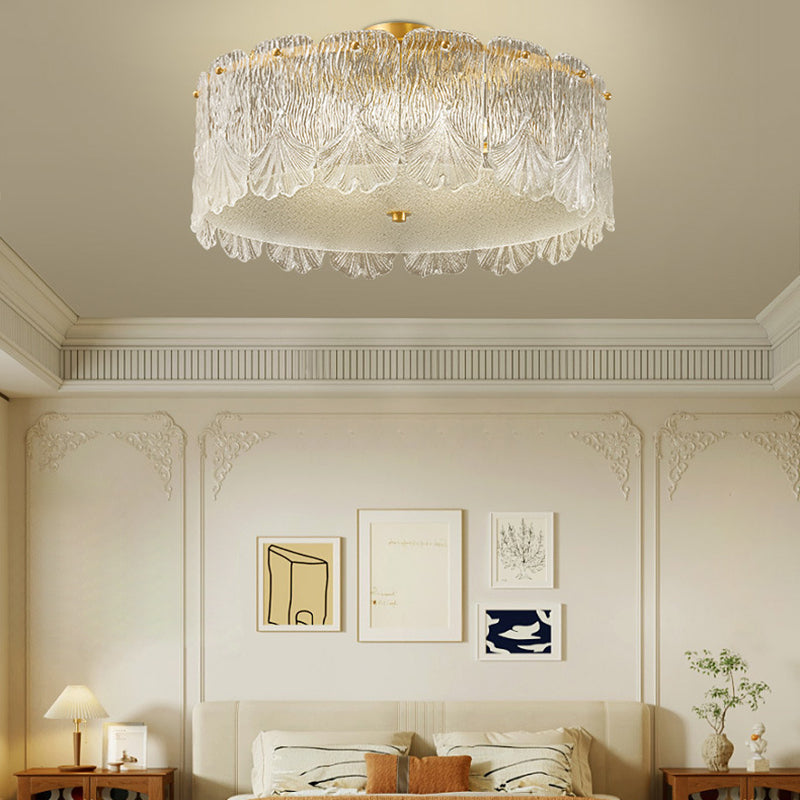 Traditionelle französische Messing-Glas-Runde Ahornblatt 4/5 Licht Halbeinbau-Deckenleuchte für Schlafzimmer 