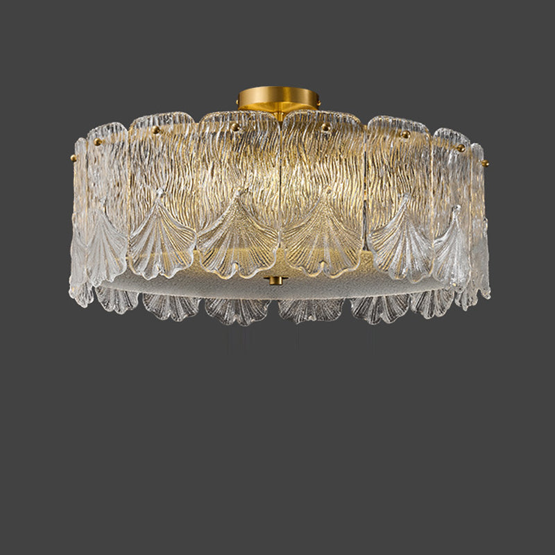 Traditionelle französische Messing-Glas-Runde Ahornblatt 4/5 Licht Halbeinbau-Deckenleuchte für Schlafzimmer 