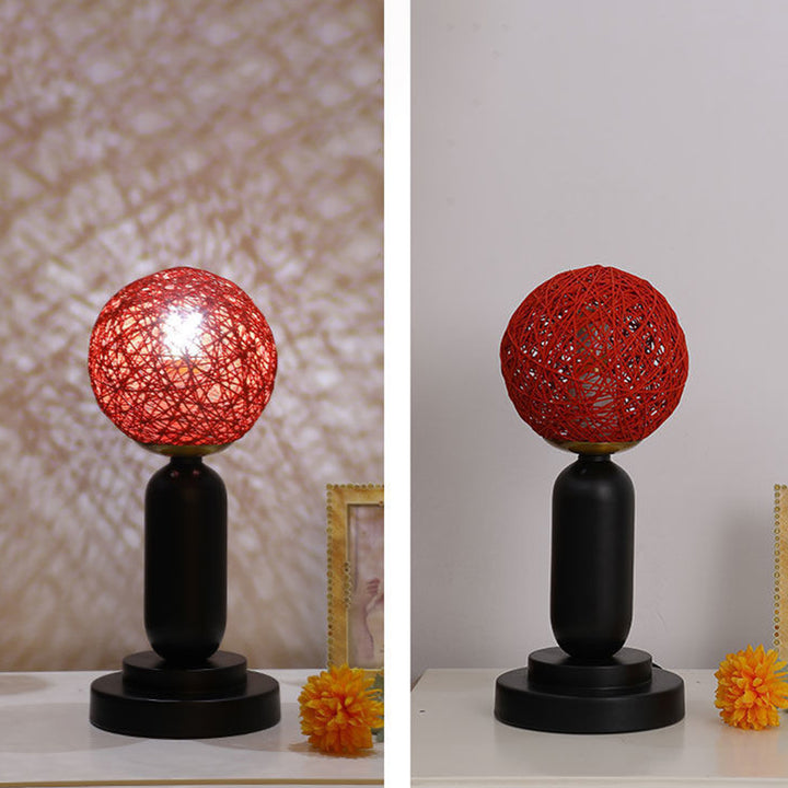 Contemporary Scandinavian Iron Glass Rattan Ball 1-Light Table Lamp For Bedside