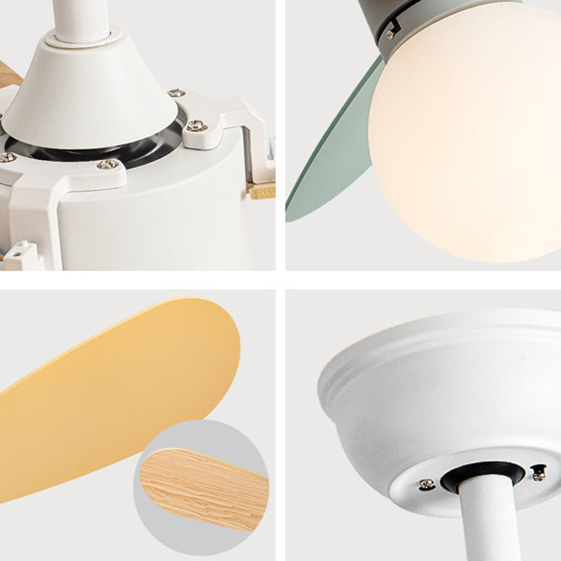 Zeitgenössischer nordischer Holz-Eisen-Acryl-Ball 1-Licht-Deckenventilator mit Abwärtsstangen für das Schlafzimmer 