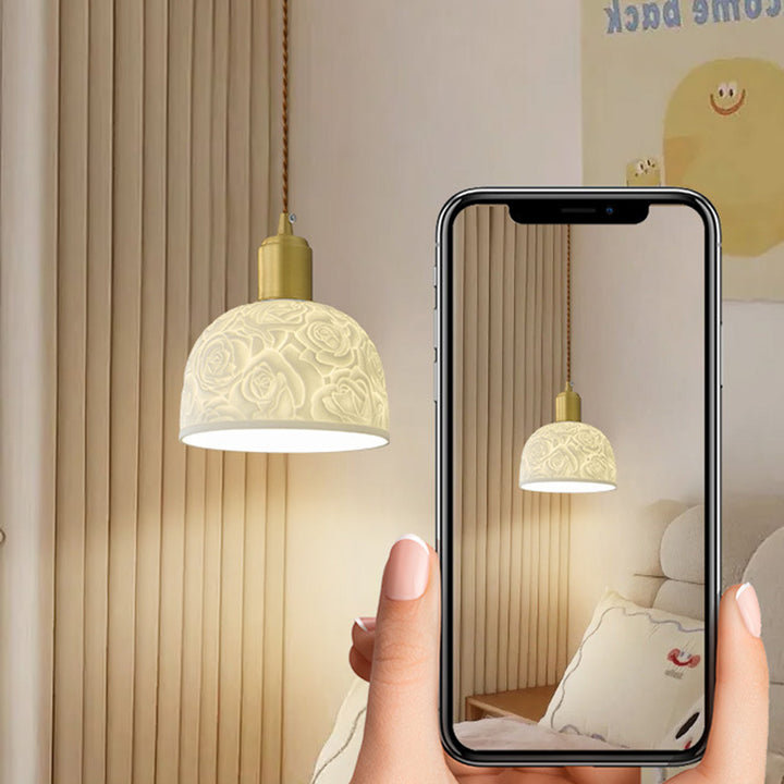 Traditional French Brass Ceramic Embossed Rose Dome 1-Light Pendant Light For Bedside