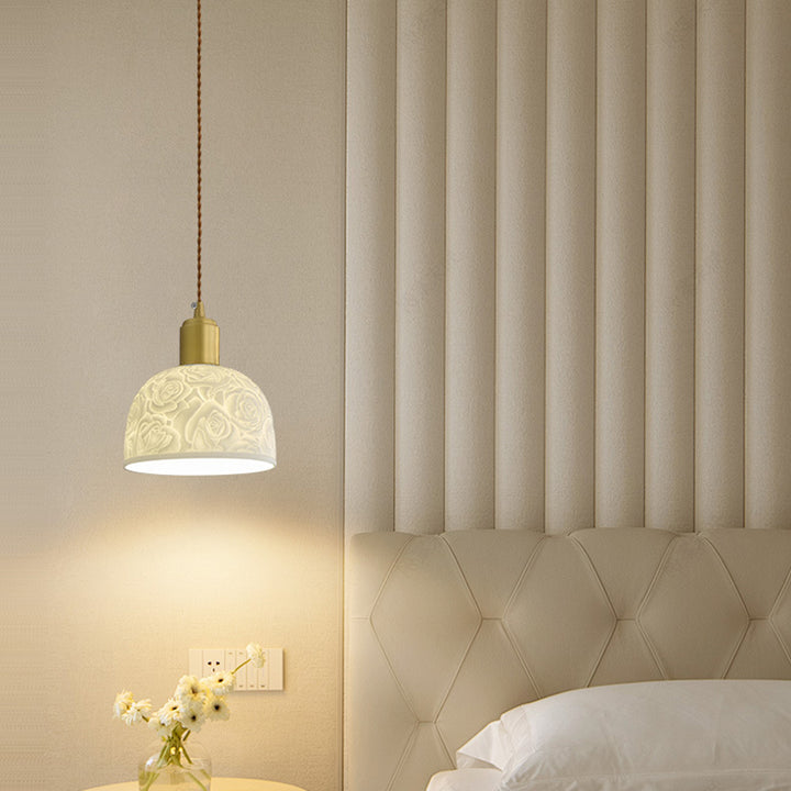 Traditional French Brass Ceramic Embossed Rose Dome 1-Light Pendant Light For Bedside