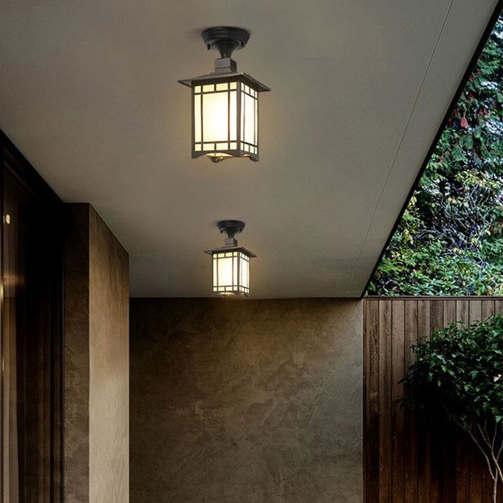 Luz de techo semiempotrada de 1 luz para pérgola de cilindro de vidrio aluminio hierro impermeable chino tradicional para exteriores para patio exterior 