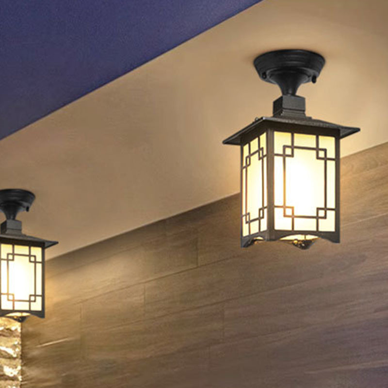 Luz de techo semiempotrada de 1 luz para pérgola de cilindro de vidrio aluminio hierro impermeable chino tradicional para exteriores para patio exterior 