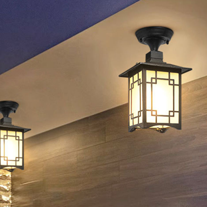 Luz de techo semiempotrada de 1 luz para pérgola de cilindro de vidrio aluminio hierro impermeable chino tradicional para exteriores para patio exterior 