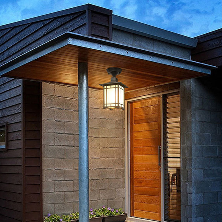 Luz de techo semiempotrada de 1 luz para pérgola de cilindro de vidrio aluminio hierro impermeable chino tradicional para exteriores para patio exterior 