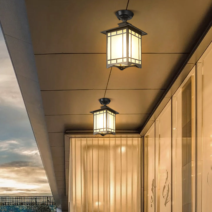 Luz de techo semiempotrada de 1 luz para pérgola de cilindro de vidrio aluminio hierro impermeable chino tradicional para exteriores para patio exterior 