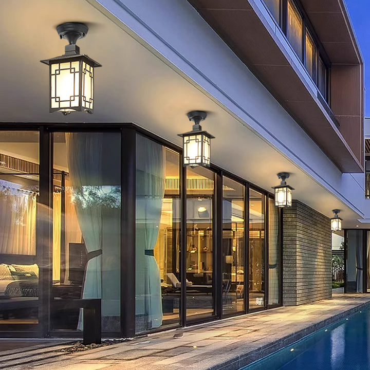 Luz de techo semiempotrada de 1 luz para pérgola de cilindro de vidrio aluminio hierro impermeable chino tradicional para exteriores para patio exterior 