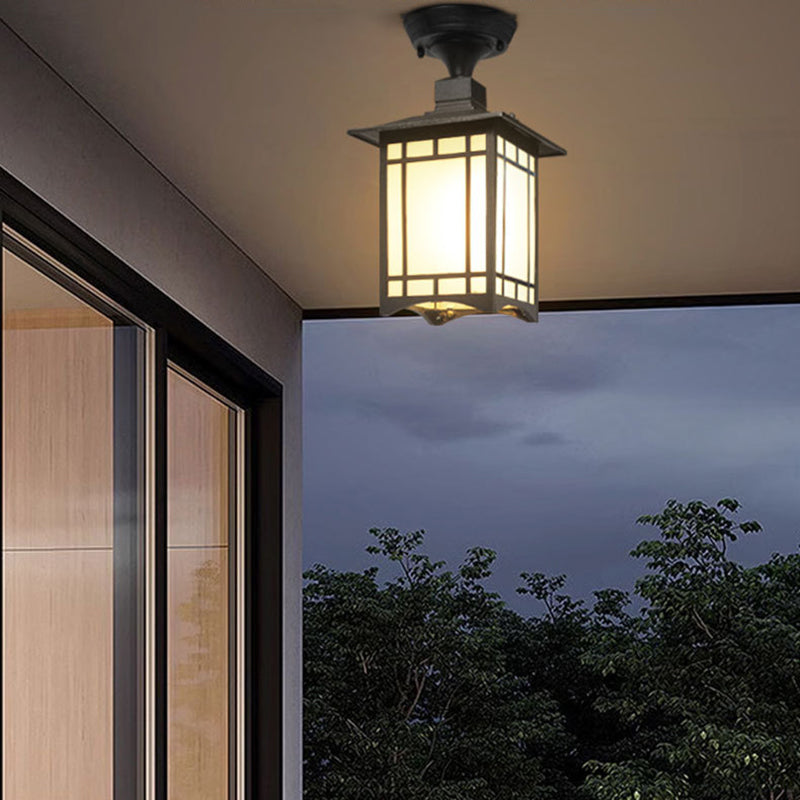 Luz de techo semiempotrada de 1 luz para pérgola de cilindro de vidrio aluminio hierro impermeable chino tradicional para exteriores para patio exterior 