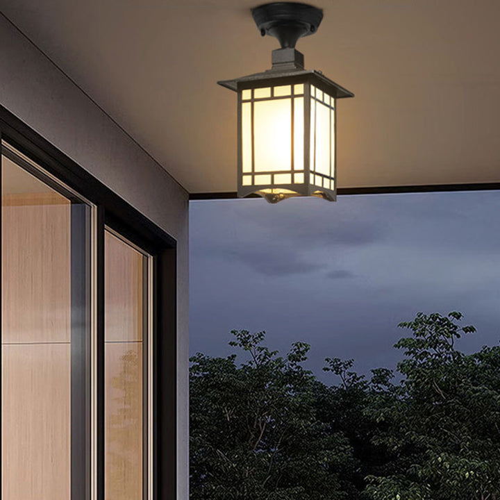 Luz de techo semiempotrada de 1 luz para pérgola de cilindro de vidrio aluminio hierro impermeable chino tradicional para exteriores para patio exterior 