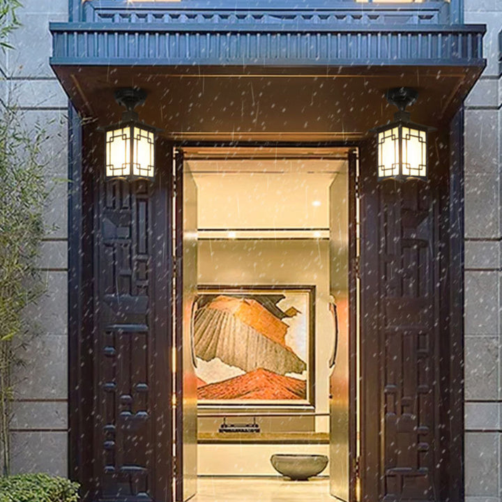 Luz de techo semiempotrada de 1 luz para pérgola de cilindro de vidrio aluminio hierro impermeable chino tradicional para exteriores para patio exterior 
