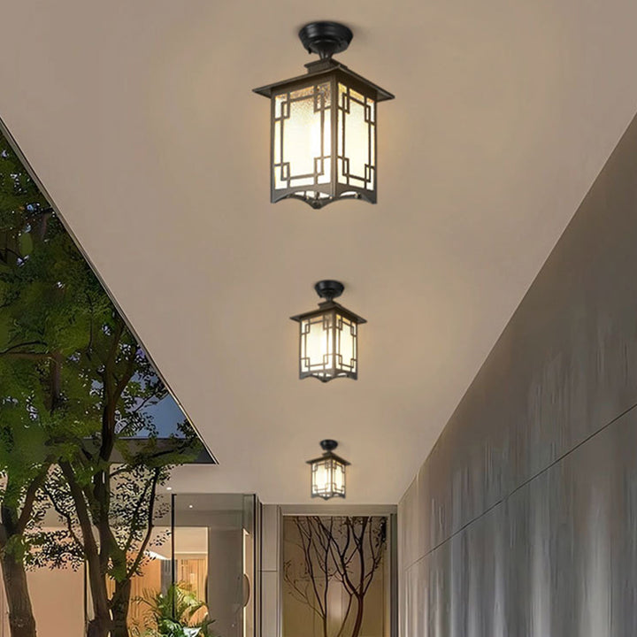 Luz de techo semiempotrada de 1 luz para pérgola de cilindro de vidrio aluminio hierro impermeable chino tradicional para exteriores para patio exterior 