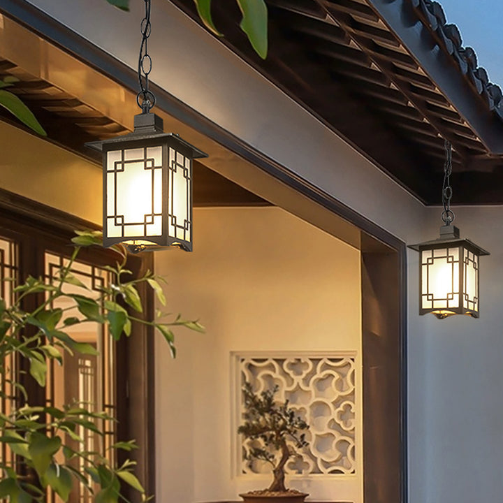 Traditionelle chinesische wasserdichte Eisen-Aluminium-Glaszylinder-Pergola 1-Licht-Pendelleuchte Außenleuchte für den Außenbereich Patio 