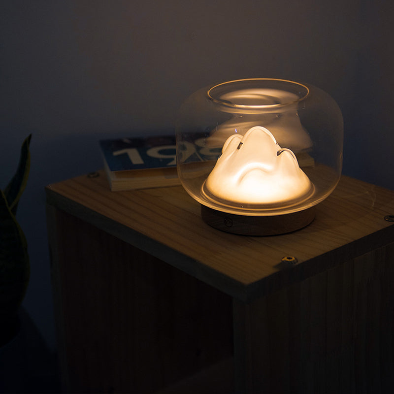 Lampe de table LED contemporaine rechargeable en verre et bois de hêtre avec bocal à poissons en forme de montagne, veilleuse pour chevet 