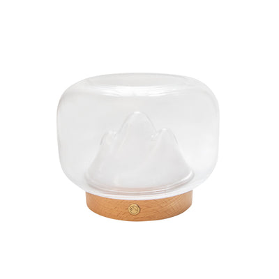 Lampe de table LED contemporaine rechargeable en verre et bois de hêtre avec bocal à poissons en forme de montagne, veilleuse pour chevet 