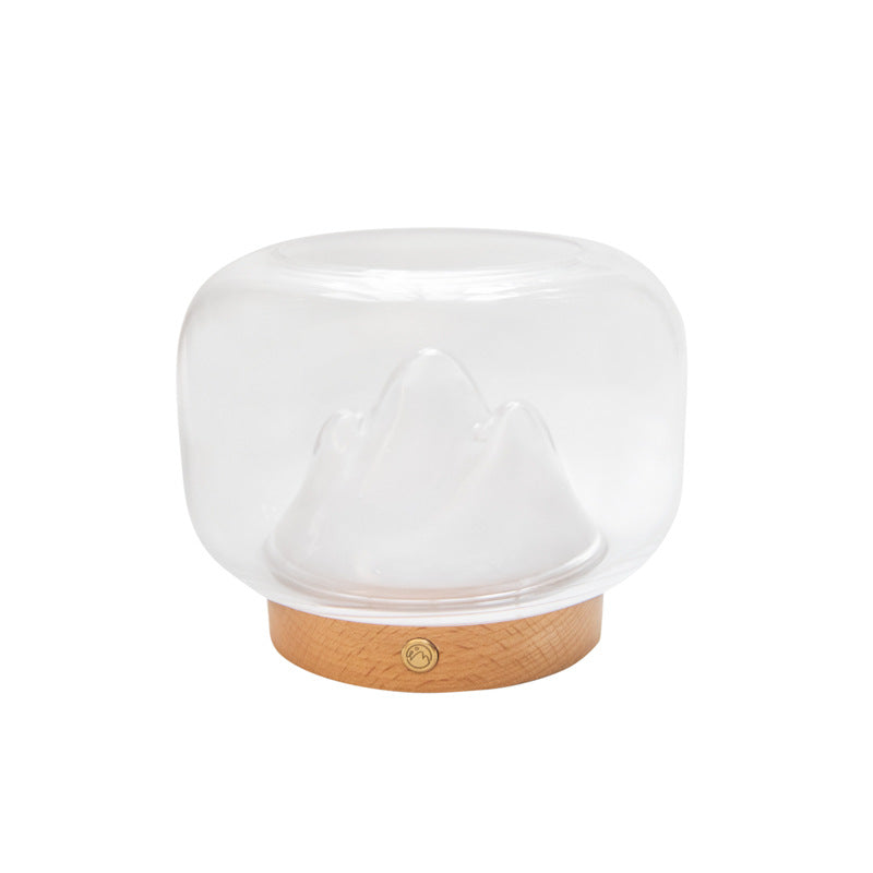 Lampe de table LED contemporaine rechargeable en verre et bois de hêtre avec bocal à poissons en forme de montagne, veilleuse pour chevet 