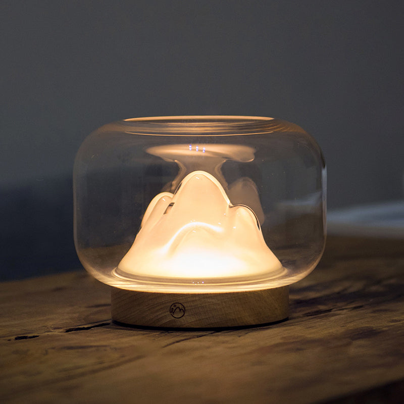 Lampe de table LED contemporaine rechargeable en verre et bois de hêtre avec bocal à poissons en forme de montagne, veilleuse pour chevet 