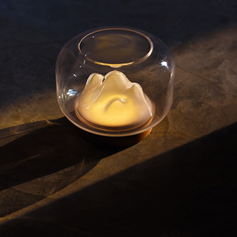 Lampe de table LED contemporaine rechargeable en verre et bois de hêtre avec bocal à poissons en forme de montagne, veilleuse pour chevet 