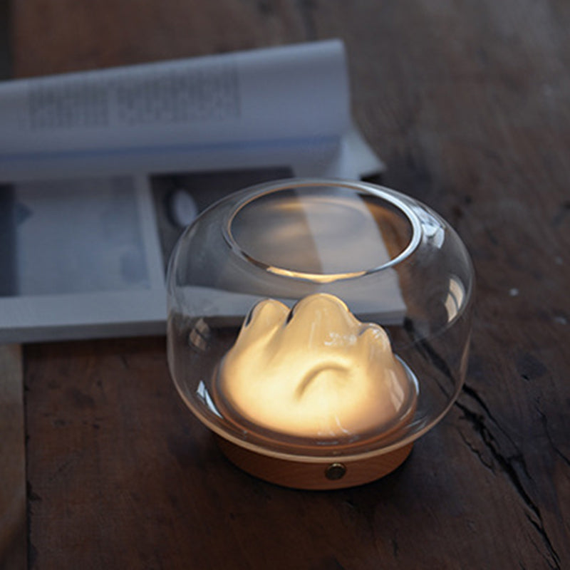 Lampe de table LED contemporaine rechargeable en verre et bois de hêtre avec bocal à poissons en forme de montagne, veilleuse pour chevet 