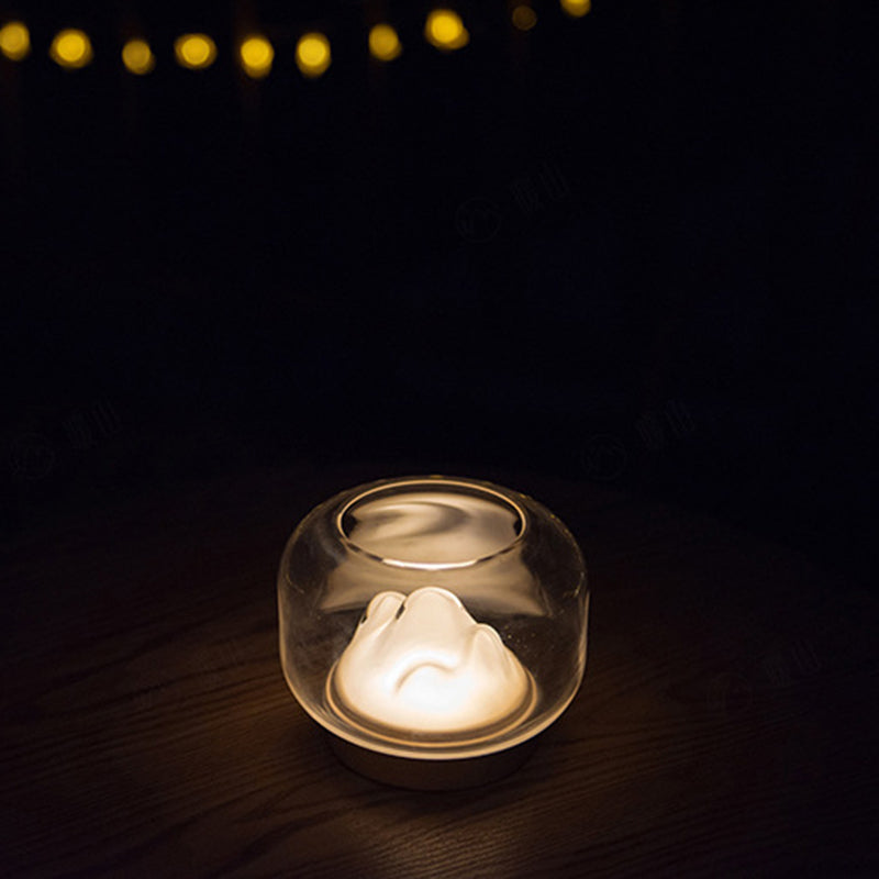 Lampe de table LED contemporaine rechargeable en verre et bois de hêtre avec bocal à poissons en forme de montagne, veilleuse pour chevet 