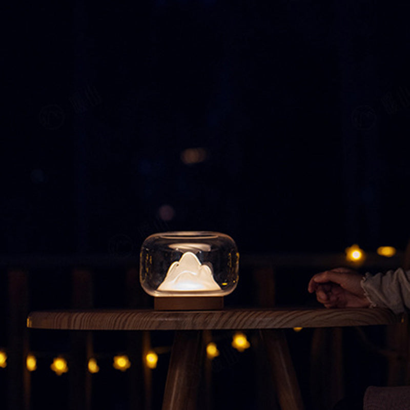 Lampe de table LED contemporaine rechargeable en verre et bois de hêtre avec bocal à poissons en forme de montagne, veilleuse pour chevet 