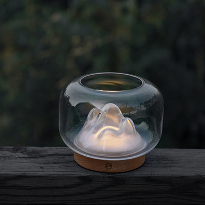 Lampe de table LED contemporaine rechargeable en verre et bois de hêtre avec bocal à poissons en forme de montagne, veilleuse pour chevet 