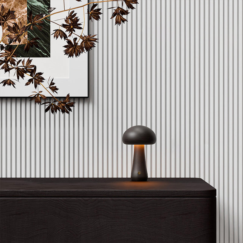 Lampe de Table LED Champignon en Bois Massif Rechargeable Scandinave Contemporaine Veilleuse pour Chevet 