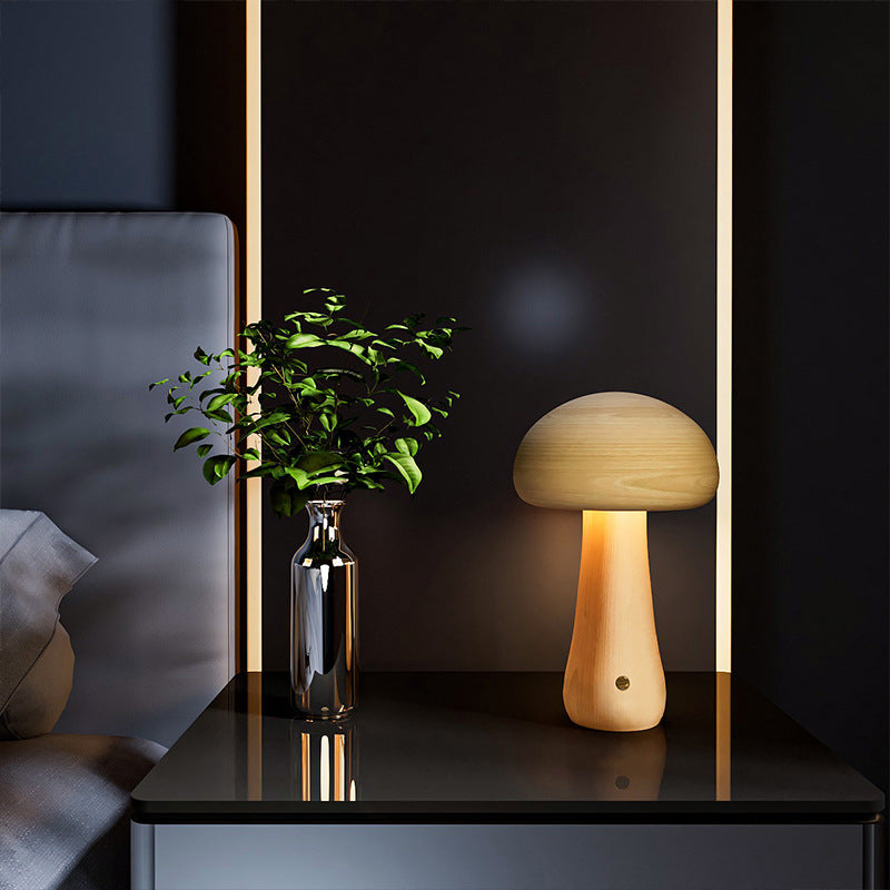 Lampe de Table LED Champignon en Bois Massif Rechargeable Scandinave Contemporaine Veilleuse pour Chevet 