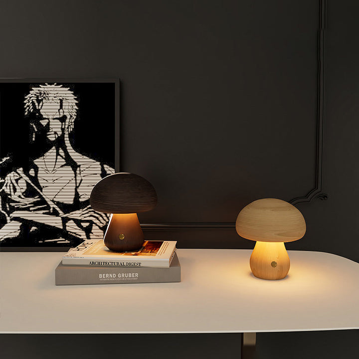 Zeitgenössische skandinavische wiederaufladbare LED-Tischlampe aus massivem Holz in Pilzform Nachttischlampe für das Schlafzimmer 