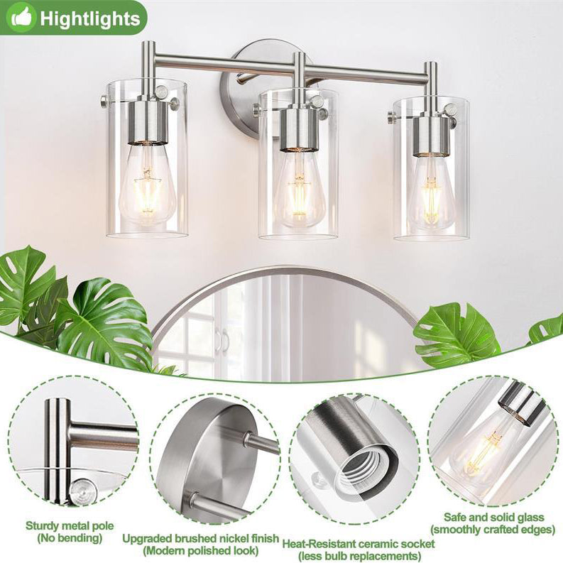 Zeitgenössische industrielle Metallglaszylinder 3-Licht-Wandlampe Schminklicht für Badezimmer 