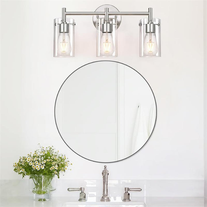 Zeitgenössische industrielle Metallglaszylinder 3-Licht-Wandlampe Schminklicht für Badezimmer 