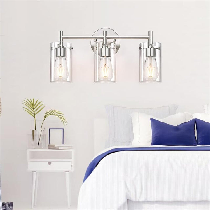 Zeitgenössische industrielle Metallglaszylinder 3-Licht-Wandlampe Schminklicht für Badezimmer 