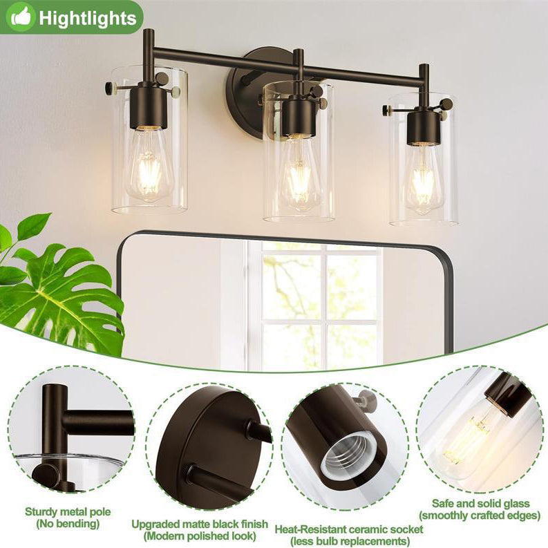Zeitgenössische industrielle Metallglaszylinder 3-Licht-Wandlampe Schminklicht für Badezimmer 